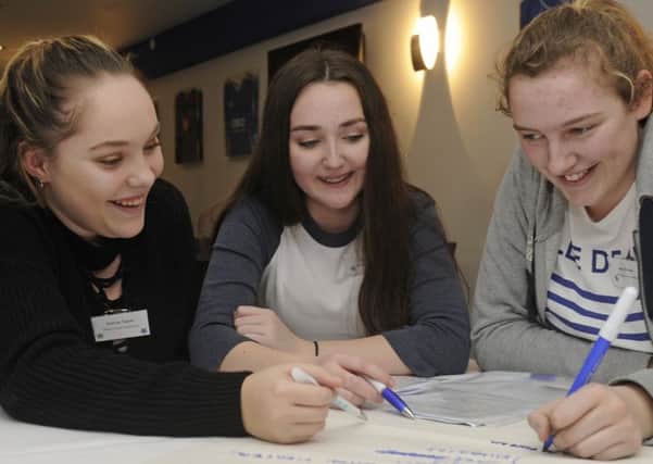 From left, Alanya Taylor, Cara Finn, and Amy Parker from Miltoncross Academy 
Picture: Ian Hargreaves (170216-1)