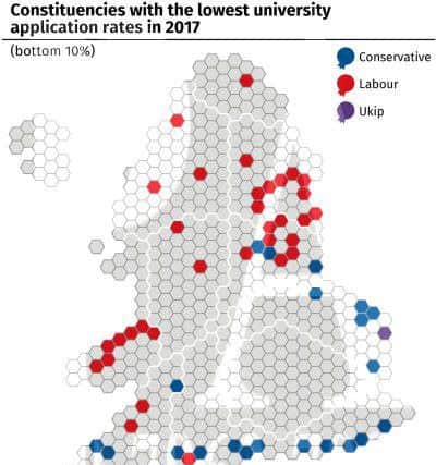 PA map showing constituencies with the lowest university application rates in 2017