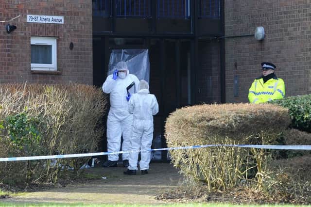 Police officers at the scene of a shooting in Athena Avenue, Crookhorn on Monday Picture: Malcolm Wells (170213-2110)