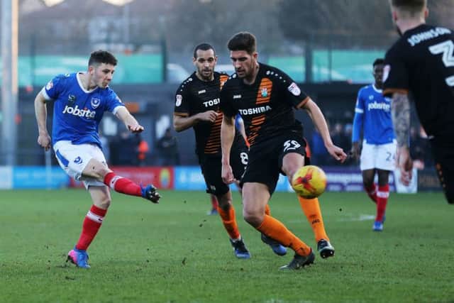 Conor Chaplin scores in the 89th minute for Pompey against Barnet Picture: Joe Pepler