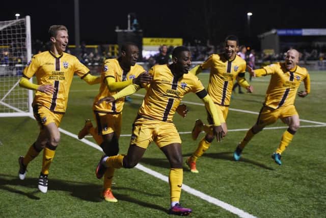 Pompey youngster Adam May, far left, is hoping to be a part of an FA Cup giantkilling tonight as loan club Sutton United welcome Arsenal to Gander Green Lane