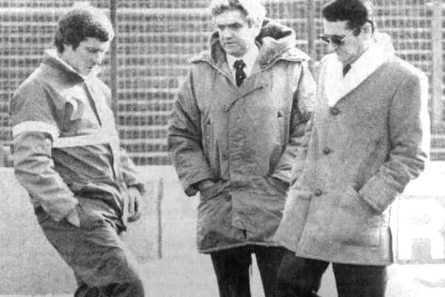 Referee Alan Robinson, centre, is pictured at Fratton Park alongside Pompey manager Alan Ball and secretary Bill Davis (6746-1)