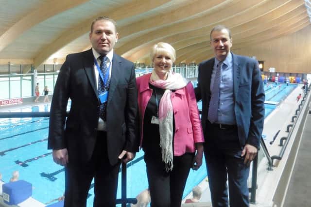 BH Live director of sports and lesiure Mike Lyons, cabinet member for culture, leisure and sport Cllr Linda Symes, and BH Live chief executive Peter Gunn at the Mountbatten Centre in Stamshaw