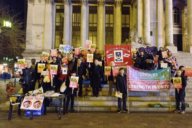 Protesters at an anti-Donald Trump rally in Portsmouth's Guildhall Square on Monday, February 20. Picture: John Douglas/JCDPhotographic
