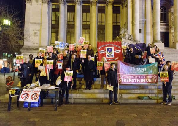 Protesters at an anti-Donald Trump rally in Portsmouth's Guildhall Square on Monday, February 20. Picture: John Douglas/JCDPhotographic