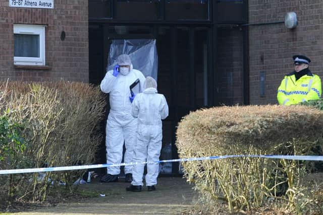 Police in Athena Avenue, Crookhorn, after the shooting. Picture Malcolm Wells