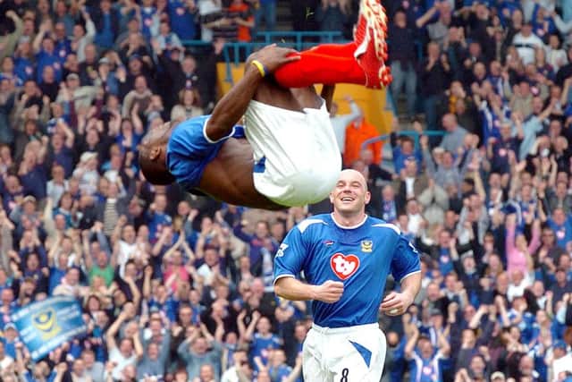 Lomana Lualua celebrates scoring against Pompey's fierce rivals Southampton