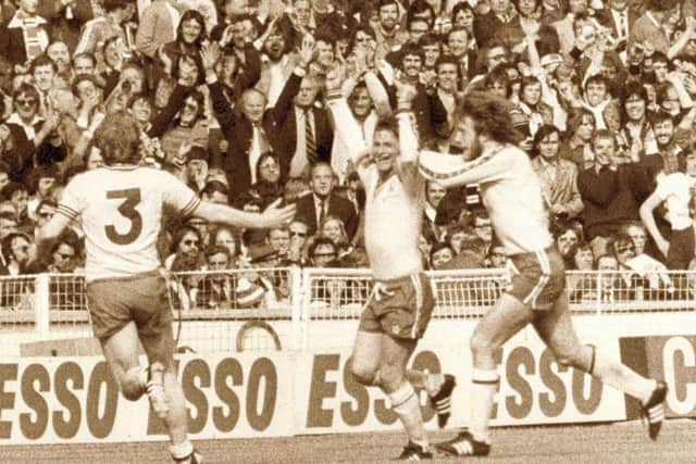 Bobby Stokes celebrates his 1976 FA Cup-winning goal for Pompey's rivals Southampton