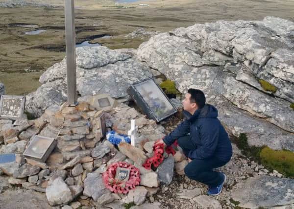 Alan Mak MP pays tribute to British servicemen killed at the Battle of Mount Tumbledown in the FalklandsCAPTION: Alan Mak MP pays tribute to those who were killed during the Falklands War.