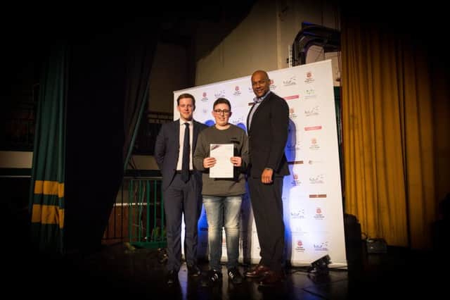 Callum Allen,14, from Havant, has success in his sights after James Bond star Colin Salmon presented him with a national award for achievement.