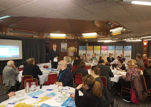 Business breakfast meeting at the Ferneham Hall Fareham on February 23, 2017. Council leader Sean Woodward addresses the attendees about changes to Fareham town centre.  Pic by Kimberley Barber PPP-170223-174441001