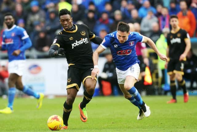 Amine Linganzi scored Pompey's second goal against Carlisle Picture: Joe Pepler