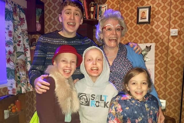 Competition winner Grace Fincham, front left, with her brother Freddie, half-sister Joan, and Gangsta Granny cast members Ashley Cousins and Gilly Tompkins