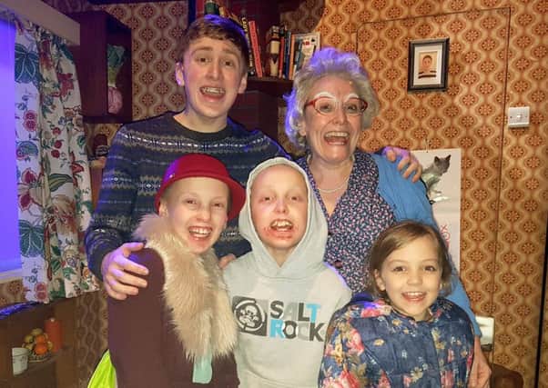 Competition winner Grace Fincham, front left, with her brother Freddie, half-sister Joan, and Gangsta Granny cast members Ashley Cousins and Gilly Tompkins
