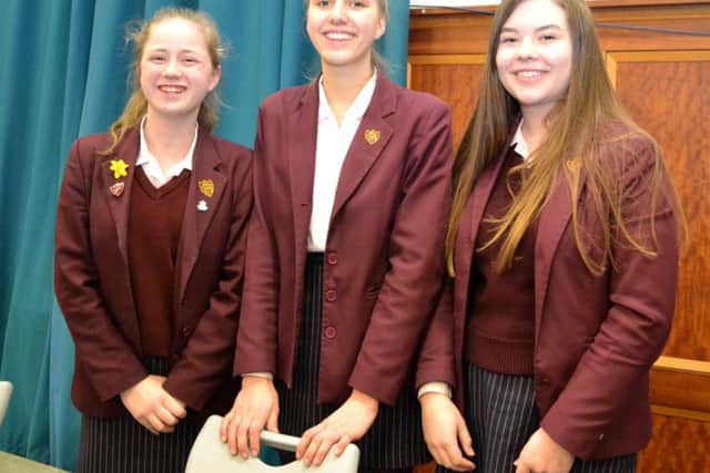 jpns-28-02-17-015 pmo and gosp comm lead Portsmouth Group Youth Speaks
From left, Madeleine Oliver, Anna Macfarlane and Evie Thomas from Portsmouth High School, who were the Intermediate winners of the Portsmouth Group Youth Speaks competition, hosted by the Gosport Rotary Club.
CAPTION: From left, Madeleine Oliver, Anna Macfarlane and Evie Thomas