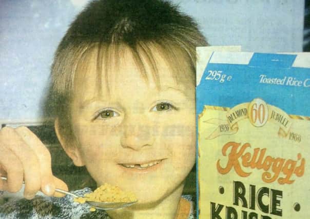 Rice Krispies boy Sean Smith lost one of his front teeth on the day he was scheduled to appear in an advertisement (C3366-2)