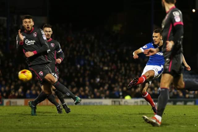 Kal Naismith scores for Pompey against Morecambe. Picture: Joe Pepler