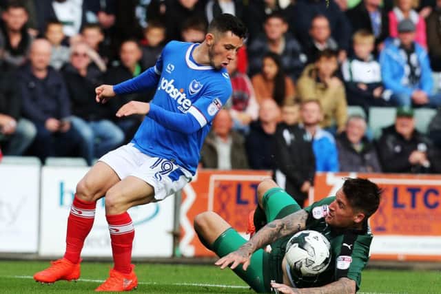Conor Chaplin and Pompey have a favourable run-in, while Sonny Bradley, right, and his Plymotuh team-mates face a nightmare March. Picture: Joe Pepler