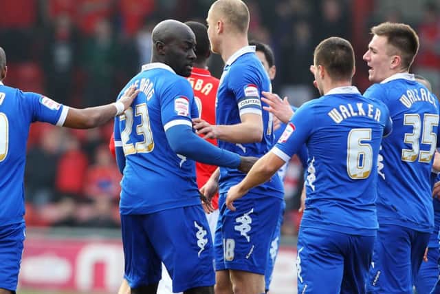 Patrick Agyemang celebrates his opener against Crewe Picture: Joe Pepler