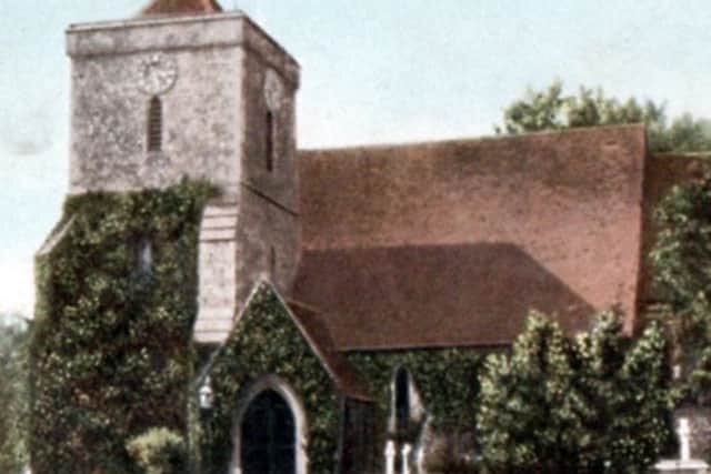This hand-tinted photograph of Purbrook Church, from Ellis Norrells collection, is more than a century old