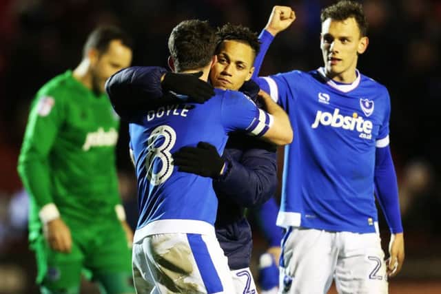 Pompey celebrate victory at Crawley. Picture: Joe Pepler