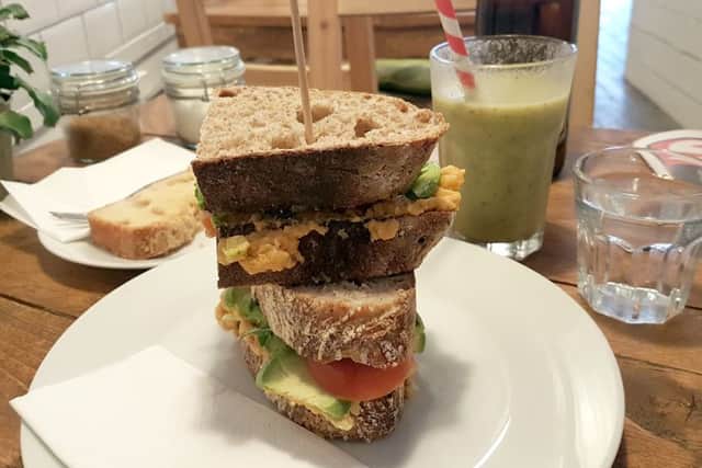 A Sriracha hummus sandwich