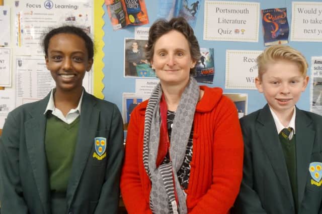 Flick Drummond MP, centre, with Ruth Gabrat and Oliver Chandler, Year 9