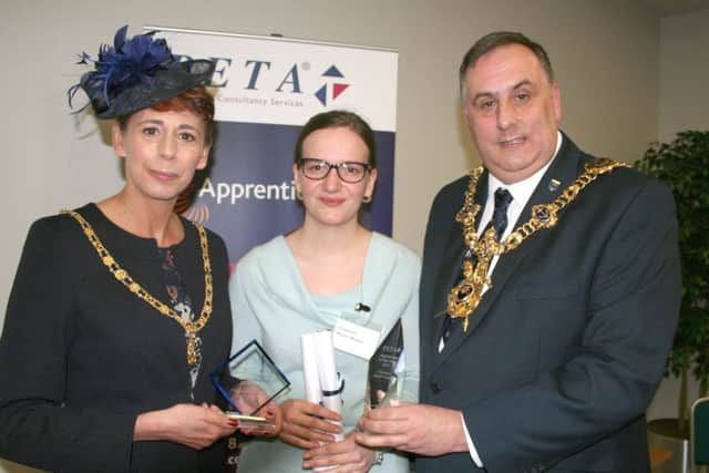 Winner Charlotte Model-Webbe with Lady Mayoress Leza Tremorin and Lord Mayor of Portsmouth David Fuller