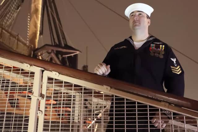 CTR1 Chris Ramsey, a US Navy enlisted serviceman, on board HMS Victory