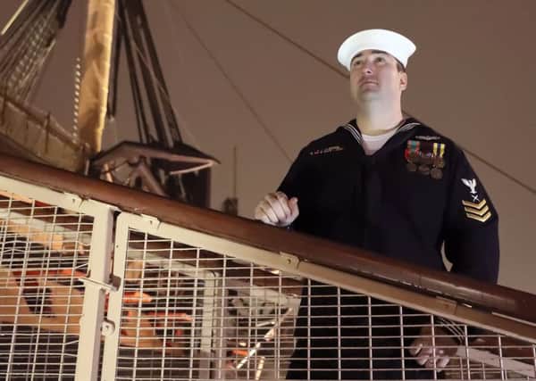 CTR1 Chris Ramsey, a US Navy enlisted serviceman, on board HMS Victory