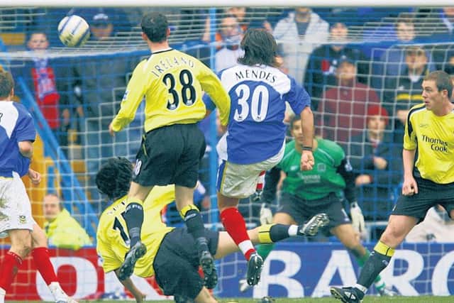 Pedro Mendes scores the winner against Manchester City at Fratton to spark the Blues Great Escape
