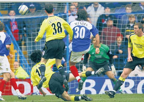 Pedro Mendes scores the winner against Manchester City at Fratton to spark the Blues Great Escape
