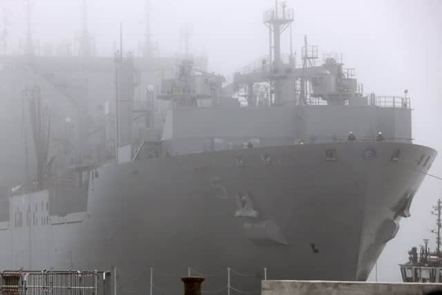USNS Robert E Peary arriving at Portsmouth naval base in the fog yesterday Picture: LPhot Barry Swainsbury