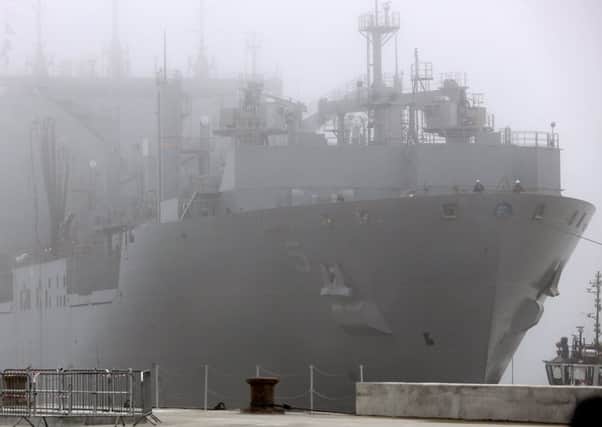 USNS Robert E Peary arriving at Portsmouth naval base in the fog yesterday Picture: LPhot Barry Swainsbury