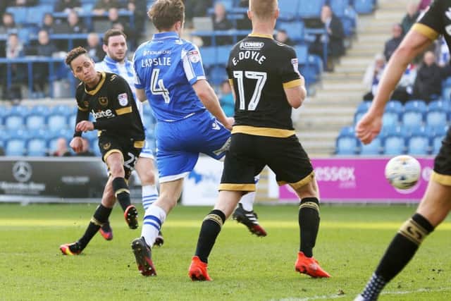 Kyle Bennett scores Pompey's second goal Picture: Joe Pepler