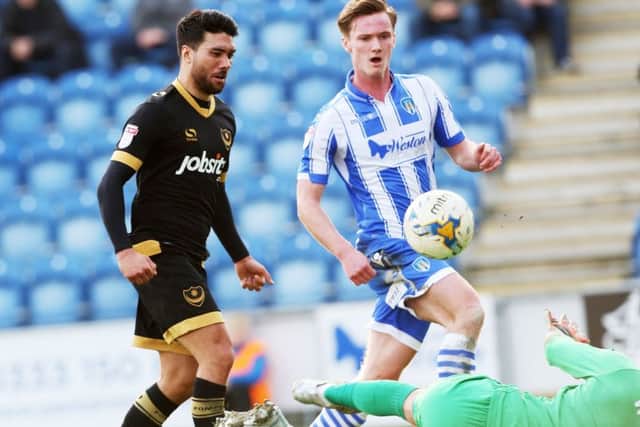 Danny Rose nets for Pompey at Colchester. Picture: Joe Pepler