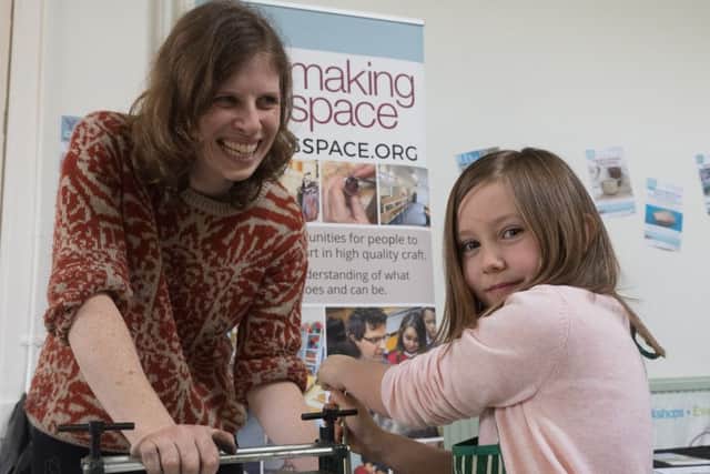 Mary Dalton from Making Spaces with Brooke White doing some print making