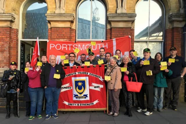 Members of the RMT and other unions gathered at Portsmouth and Southsea train station to protest about Southern's plans for driver-only operated trains