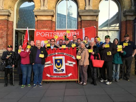 Members of the RMT and other unions gathered at Portsmouth and Southsea train station to protest about Southern's plans for driver-only operated trains