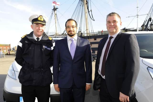 From left, naval base Commander Jeremy Rigby, BAE Systems supply chain lead Elliot Webber and Richard Parker of Lex Autolease Picture:  Malcolm Wells (170313-7847)