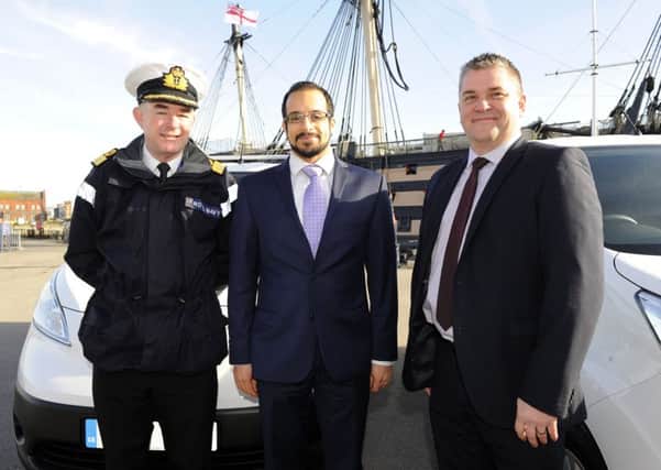 From left, naval base Commander Jeremy Rigby, BAE Systems supply chain lead Elliot Webber and Richard Parker of Lex Autolease
 
Picture:  Malcolm Wells (170313-7847)