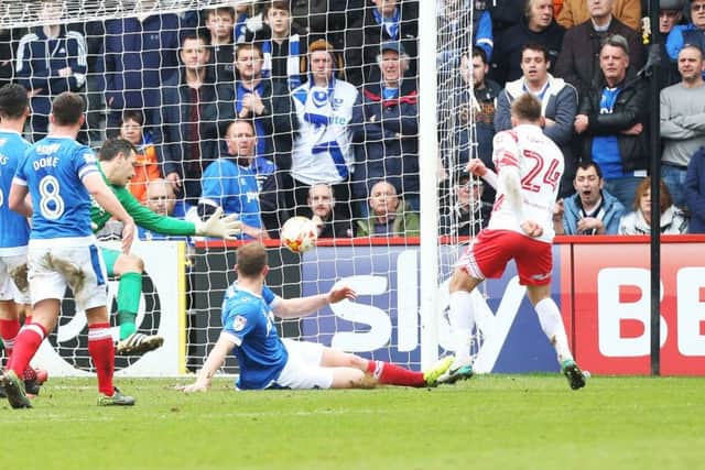 Matt Godden scores. Picture: Joe Pepler