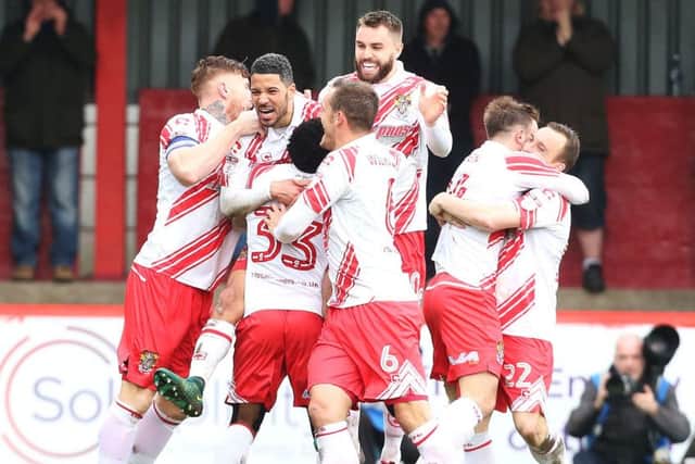 STEVENAGE, UK, 18TH MARCH, 2017
Jobi McAnuff celebrates scoring his first goal of the match during the Sky Bet League 2 match between Stevenage and Portsmouth at the Lamex Stadium, Stevenage, England on 18 March 2017. Photo by Joe Pepler/Digital South. PPP-170318-161417006