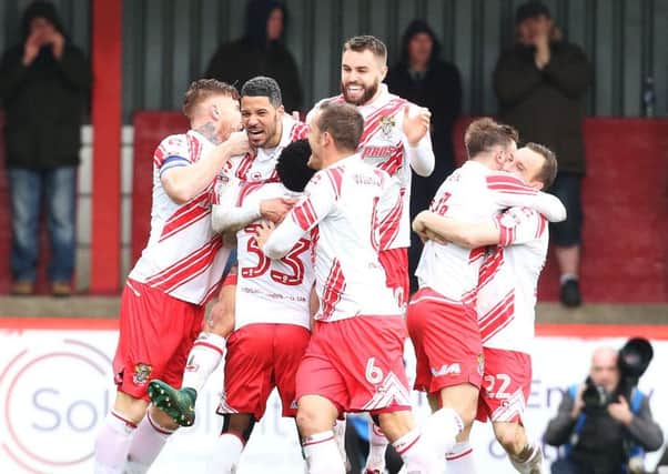 STEVENAGE, UK, 18TH MARCH, 2017
Jobi McAnuff celebrates scoring his first goal of the match during the Sky Bet League 2 match between Stevenage and Portsmouth at the Lamex Stadium, Stevenage, England on 18 March 2017. Photo by Joe Pepler/Digital South. PPP-170318-161417006
