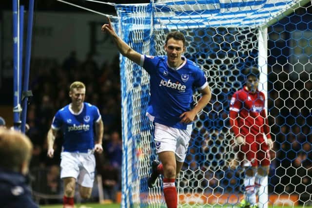 Kal Naismith celebrates scoring for Pompey against Grimsby. Picture: Joe Pepler