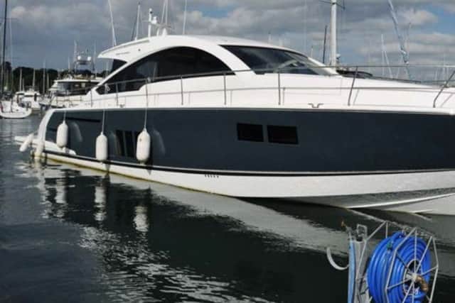 The True Blue, a Fariline Targa. Ryan McKinlay, of Gosport, died when a Williams Turbojet 325 piloted by his friend Aaron Brown crashed into the 62ft 38-tonne motor cruiser in Osborne Bay, Isle of Wight. PPP-170321-083038001
