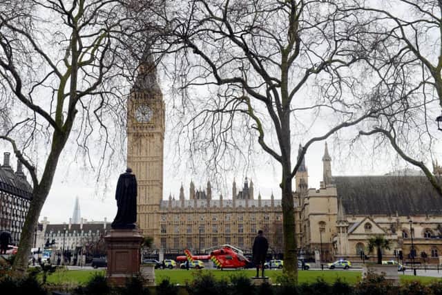 An air ambulance outside the Palace of Westminster, London