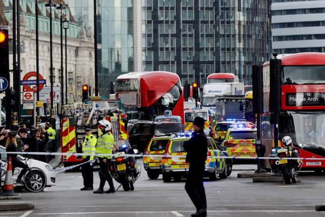 Police close to the Palace of Westminster, London, during yesterday's terror attack. Photo: Victoria Jones/PA Wire