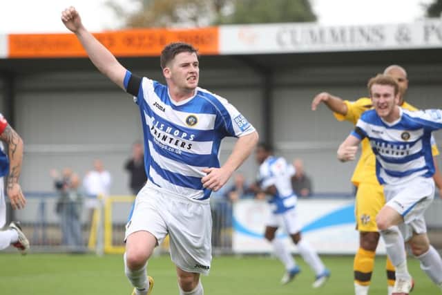 Ryan Woodford scores for the Hawks from a header vs Sutton Utd. Picture: Dave Haines)