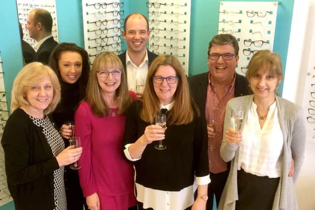 Anne Gill with her staff and founders of Wolf Eyewear at Anne Gill Eyecare, in London Road, North End, from left: Lynn Mills, Darcey Simon, Julie Wadey, Tom Wolf, Anne Gill, Ian Wolf and Sue Woods